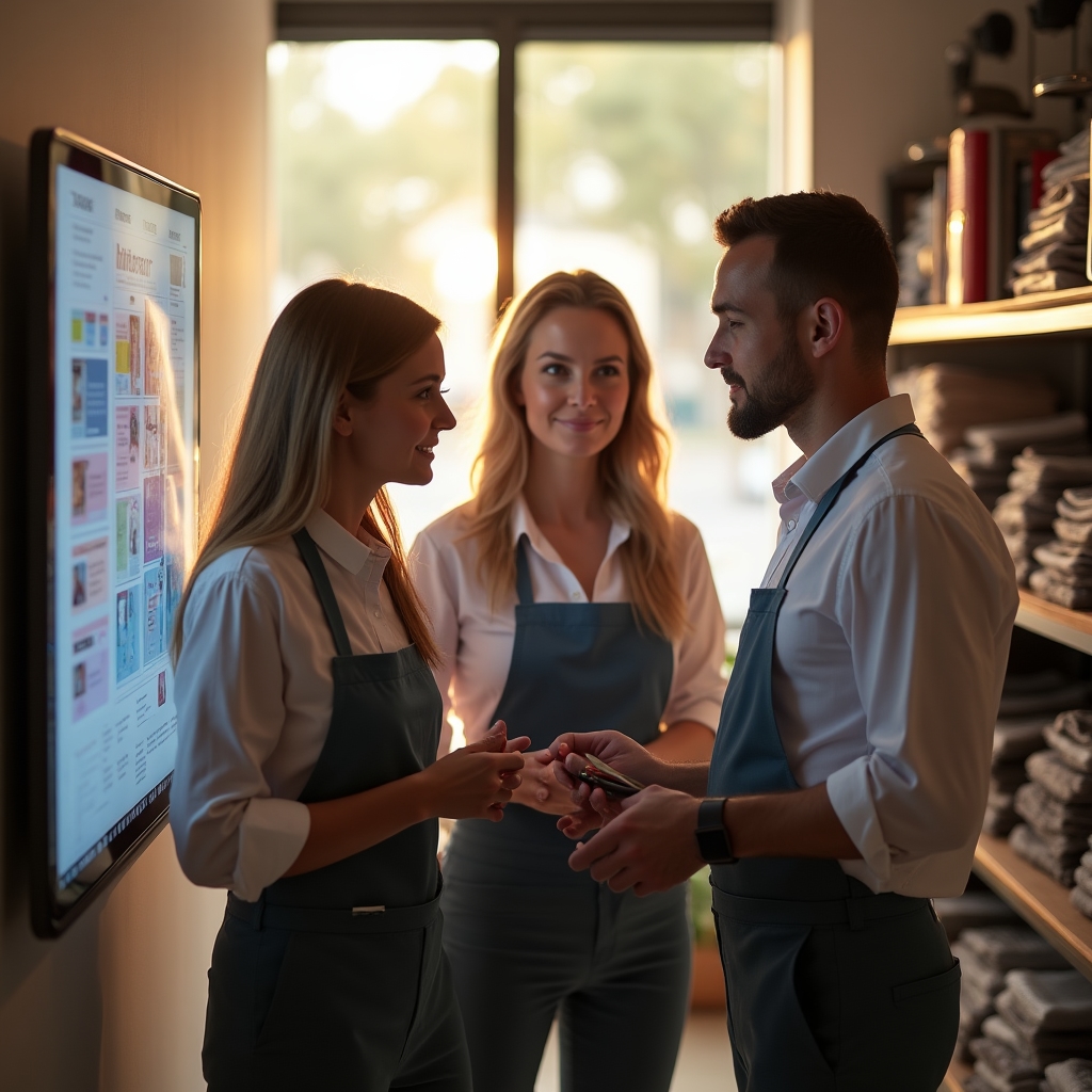 Equipo de una cadena de tiendas revisando propuestas de mejora en el tablero visual