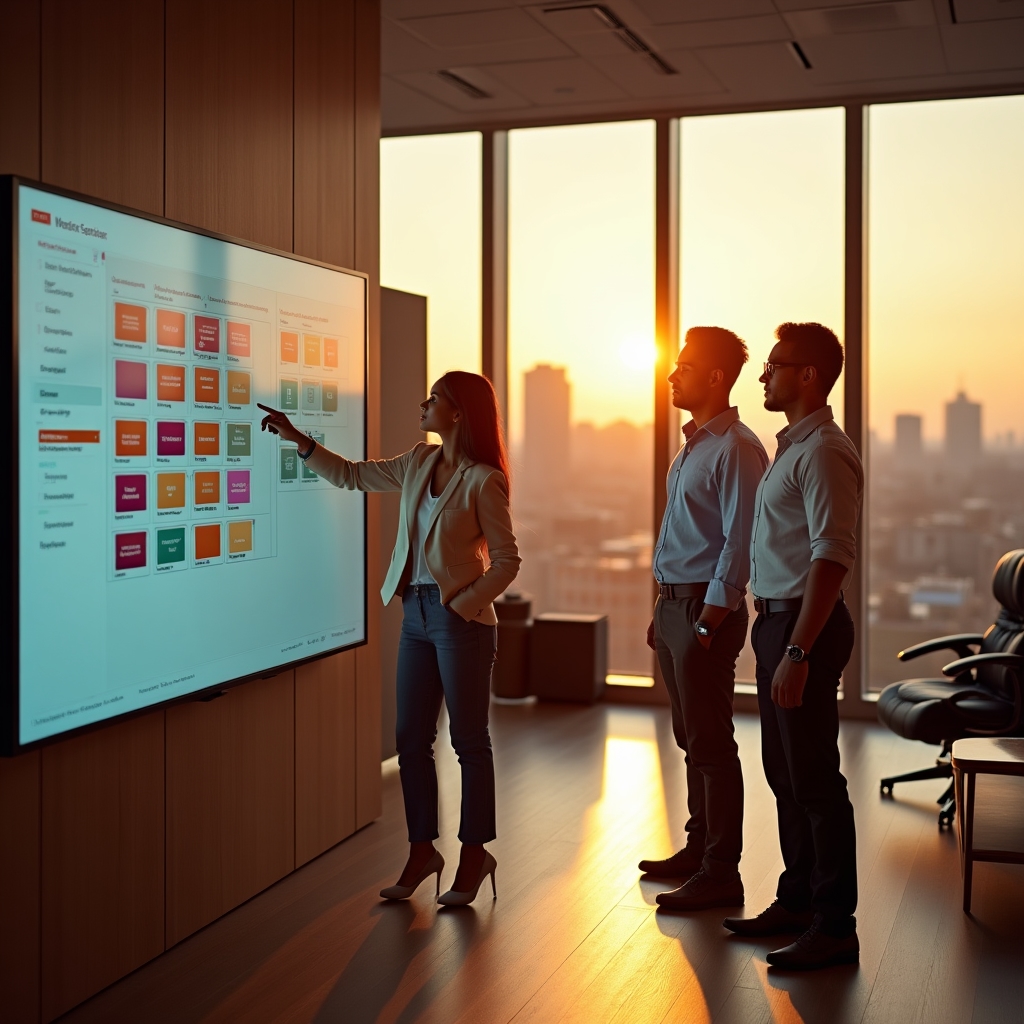 Equipo revisando el tablero visual de iniciativas de innovación en una pantalla